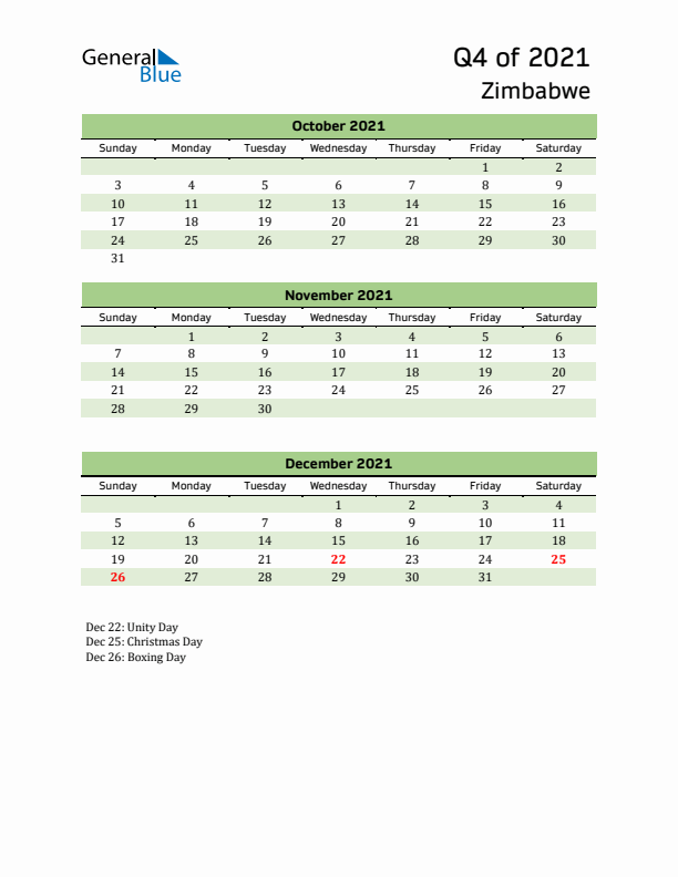 Quarterly Calendar 2021 with Zimbabwe Holidays