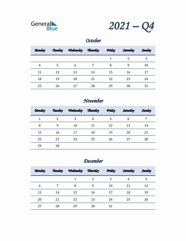 Monday Start 2021 Quarterly Calendar