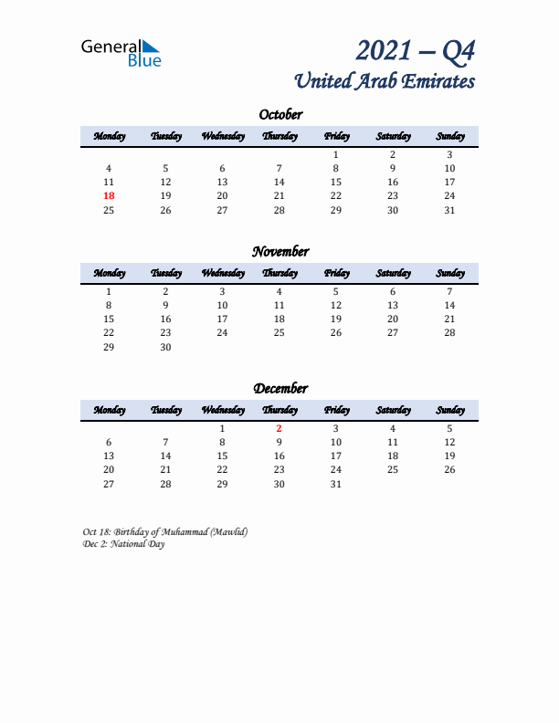 October, November, and December Calendar for United Arab Emirates with Monday Start