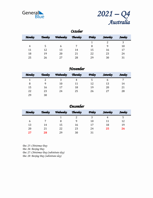 October, November, and December Calendar for Australia with Monday Start