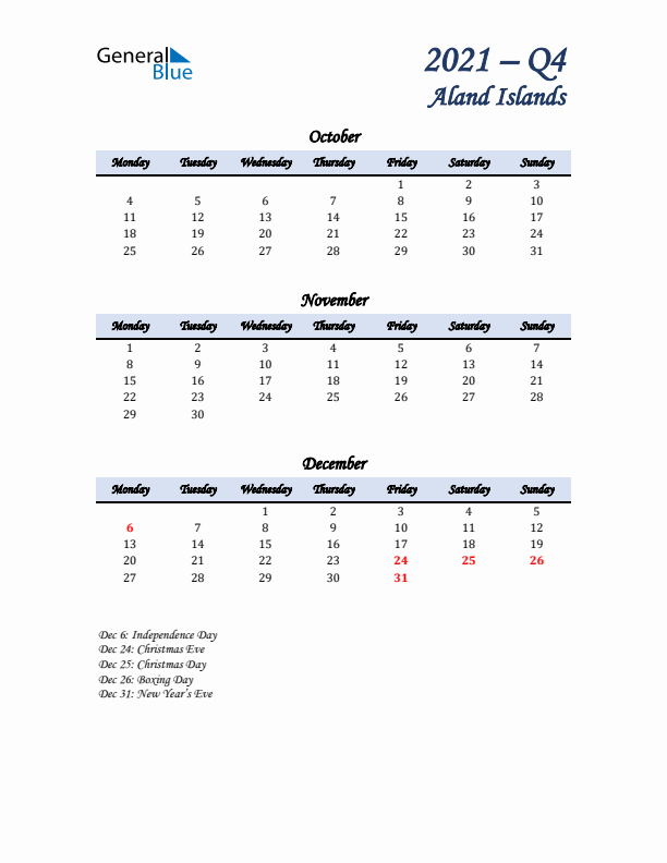 October, November, and December Calendar for Aland Islands with Monday Start