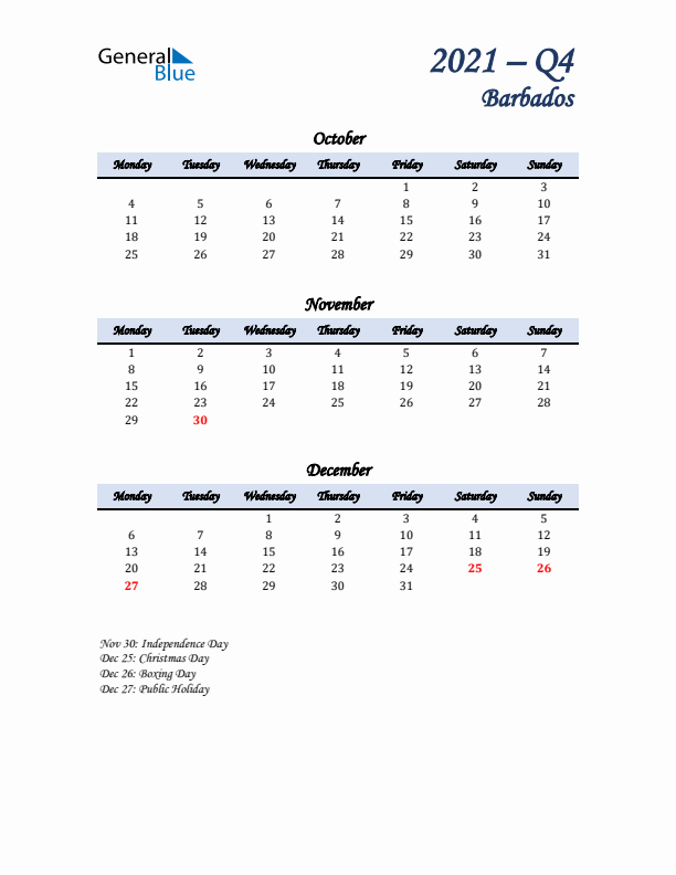 October, November, and December Calendar for Barbados with Monday Start