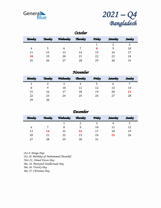 October, November, and December Calendar for Bangladesh with Monday Start