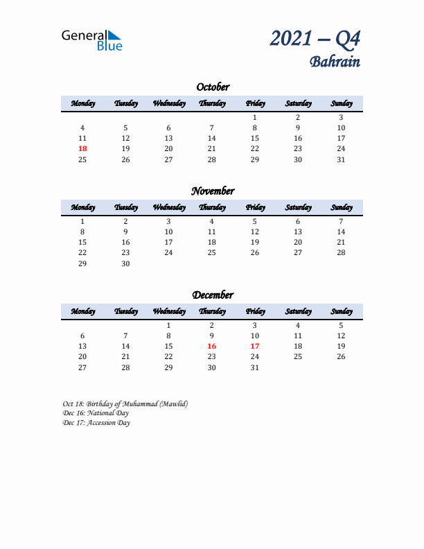 October, November, and December Calendar for Bahrain with Monday Start