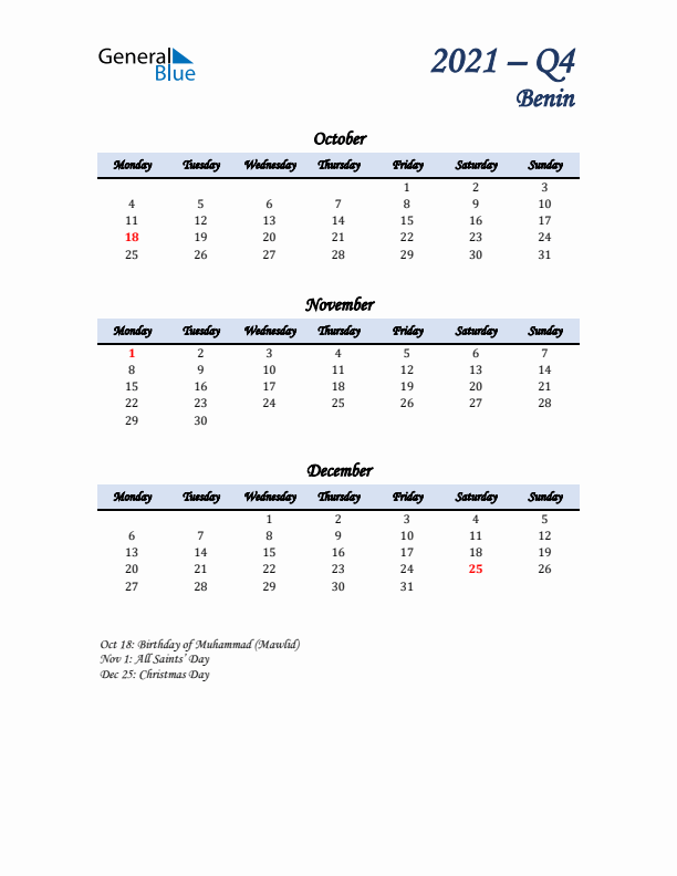 October, November, and December Calendar for Benin with Monday Start