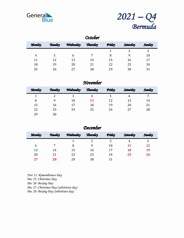 October, November, and December Calendar for Bermuda with Monday Start