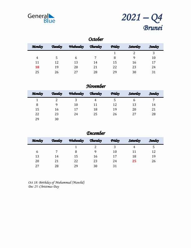 October, November, and December Calendar for Brunei with Monday Start