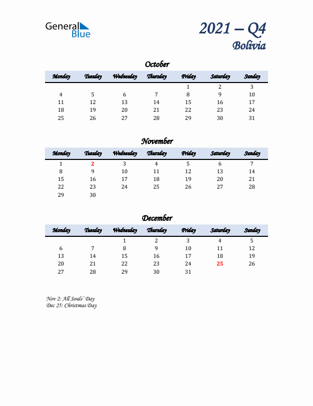 October, November, and December Calendar for Bolivia with Monday Start