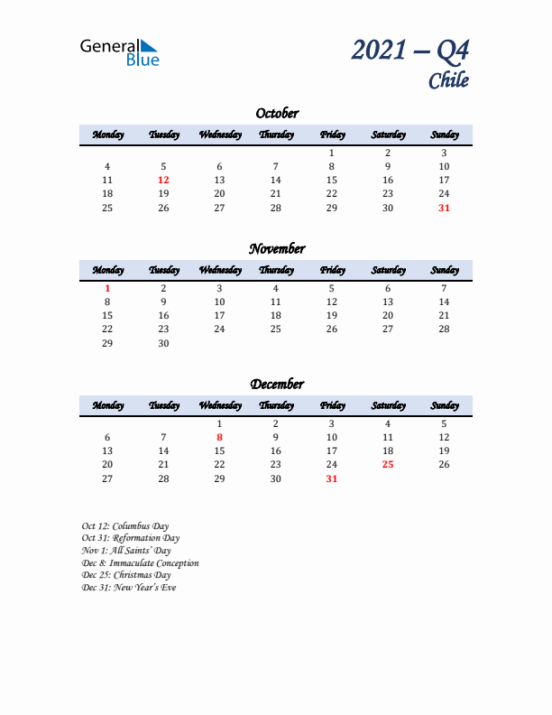 October, November, and December Calendar for Chile with Monday Start