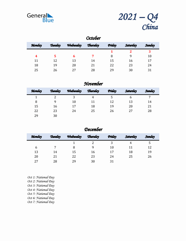 October, November, and December Calendar for China with Monday Start