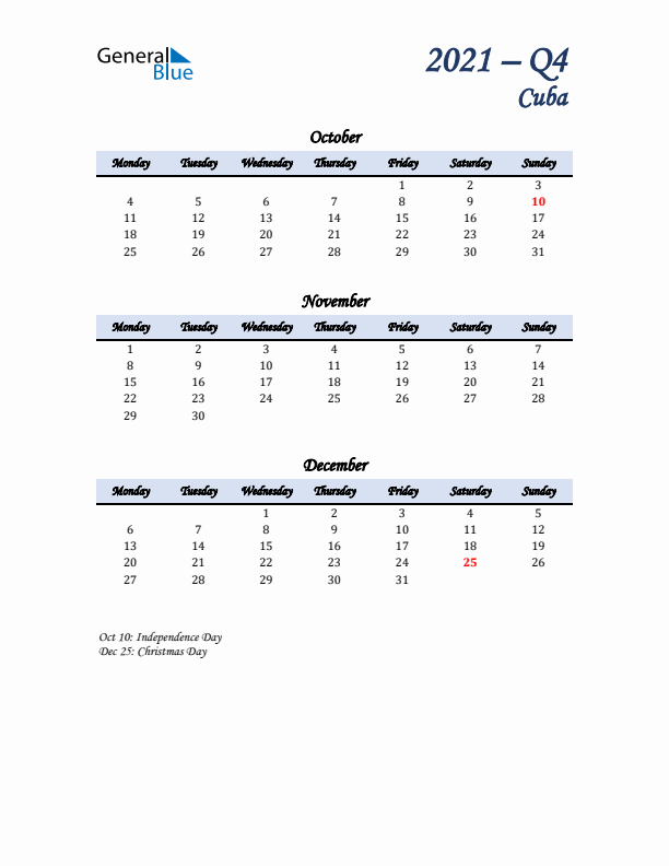 October, November, and December Calendar for Cuba with Monday Start