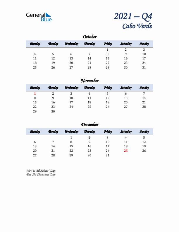 October, November, and December Calendar for Cabo Verde with Monday Start