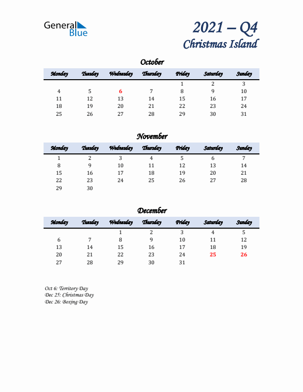 October, November, and December Calendar for Christmas Island with Monday Start