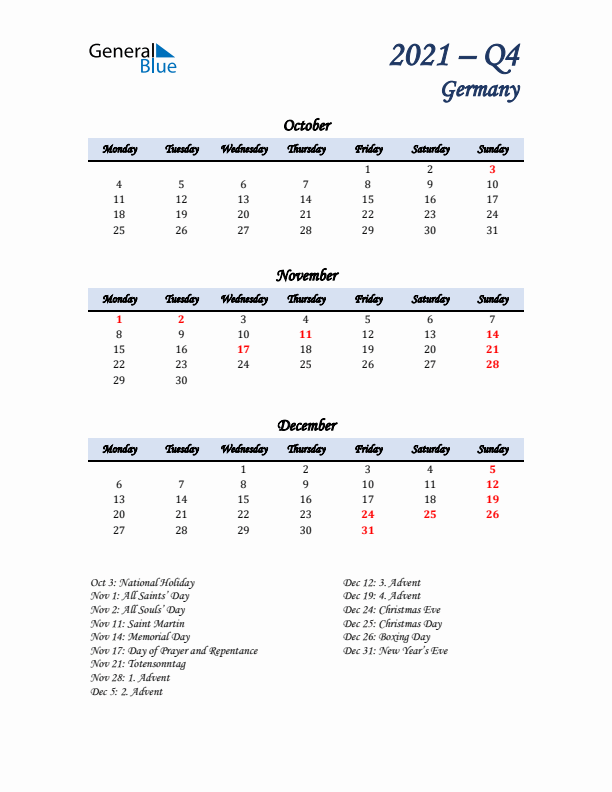 October, November, and December Calendar for Germany with Monday Start