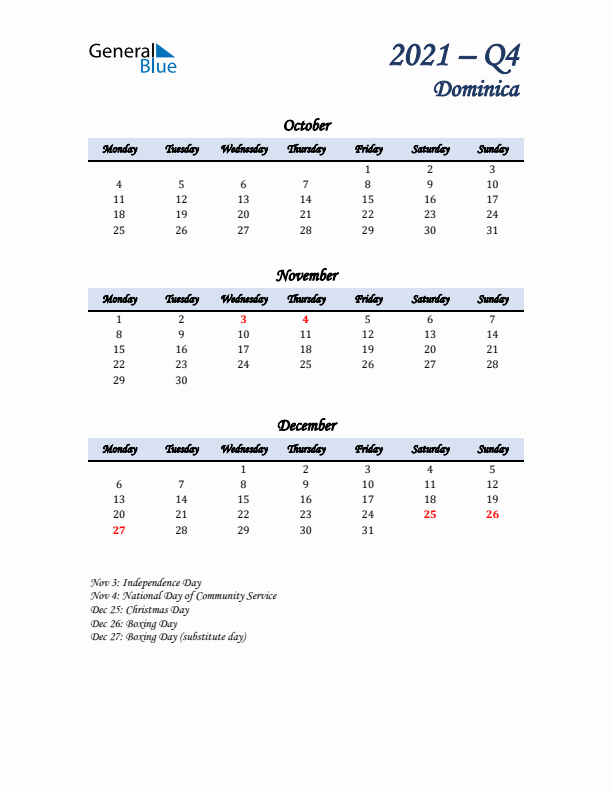 October, November, and December Calendar for Dominica with Monday Start