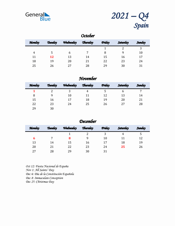 October, November, and December Calendar for Spain with Monday Start