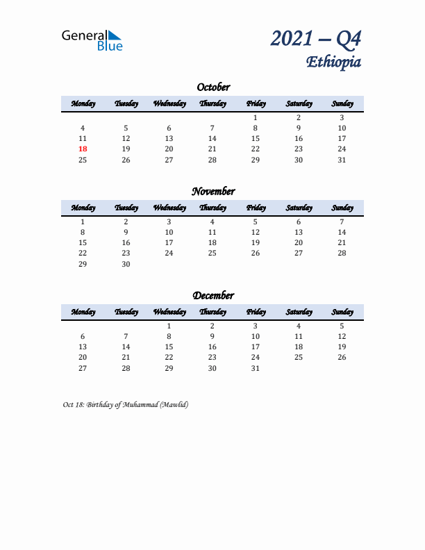 October, November, and December Calendar for Ethiopia with Monday Start