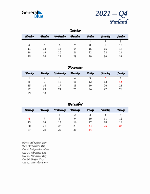 October, November, and December Calendar for Finland with Monday Start