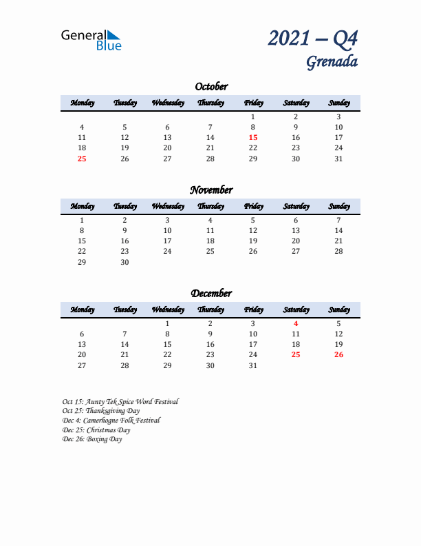 October, November, and December Calendar for Grenada with Monday Start