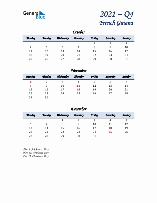 October, November, and December Calendar for French Guiana with Monday Start