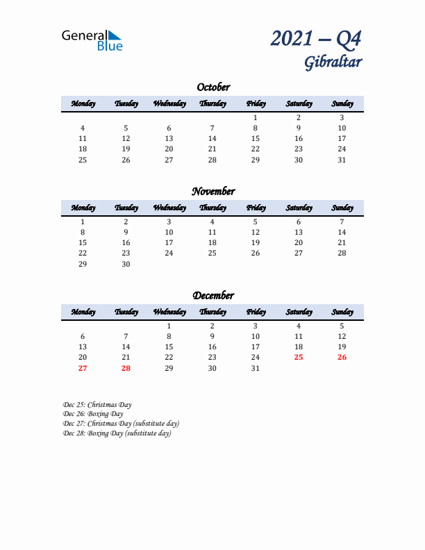 October, November, and December Calendar for Gibraltar with Monday Start