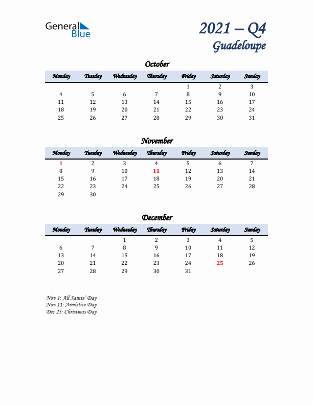 October, November, and December Calendar for Guadeloupe with Monday Start