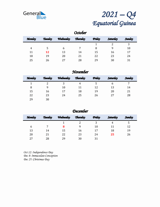 October, November, and December Calendar for Equatorial Guinea with Monday Start