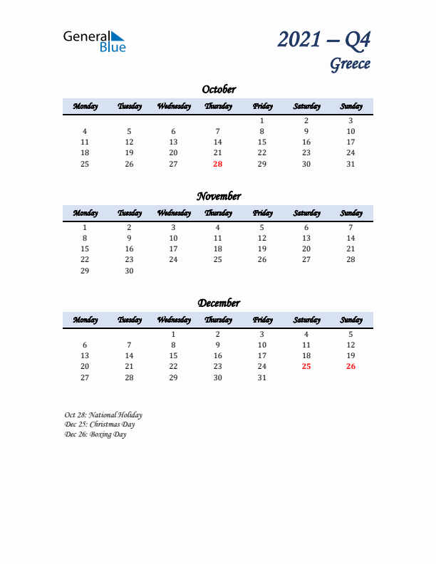 October, November, and December Calendar for Greece with Monday Start