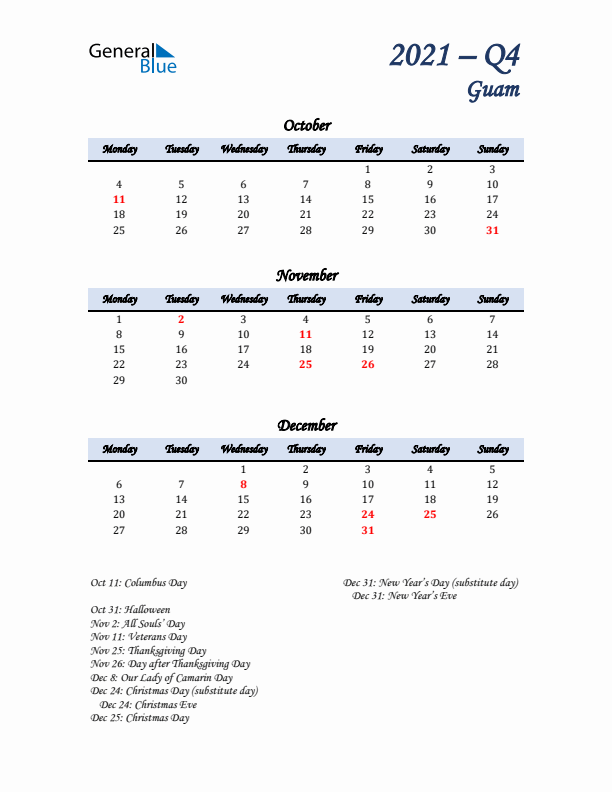 October, November, and December Calendar for Guam with Monday Start