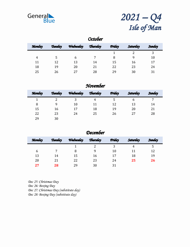 October, November, and December Calendar for Isle of Man with Monday Start