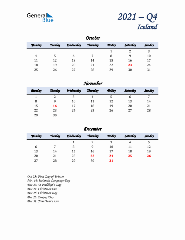 October, November, and December Calendar for Iceland with Monday Start