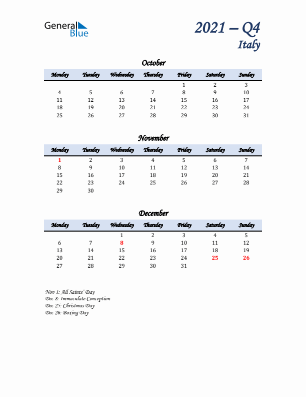 October, November, and December Calendar for Italy with Monday Start