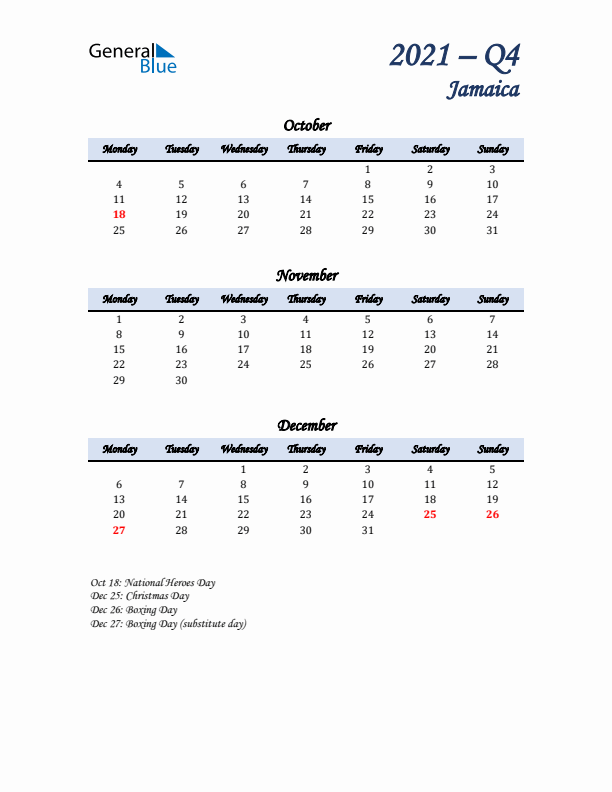 October, November, and December Calendar for Jamaica with Monday Start