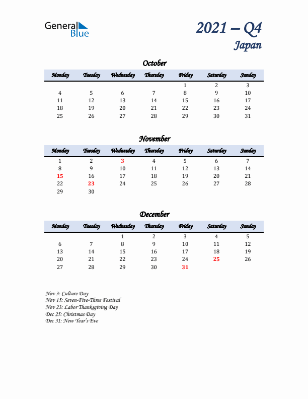 October, November, and December Calendar for Japan with Monday Start