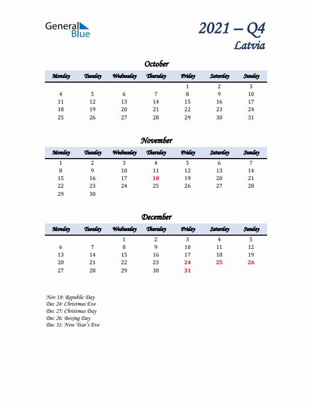 October, November, and December Calendar for Latvia with Monday Start