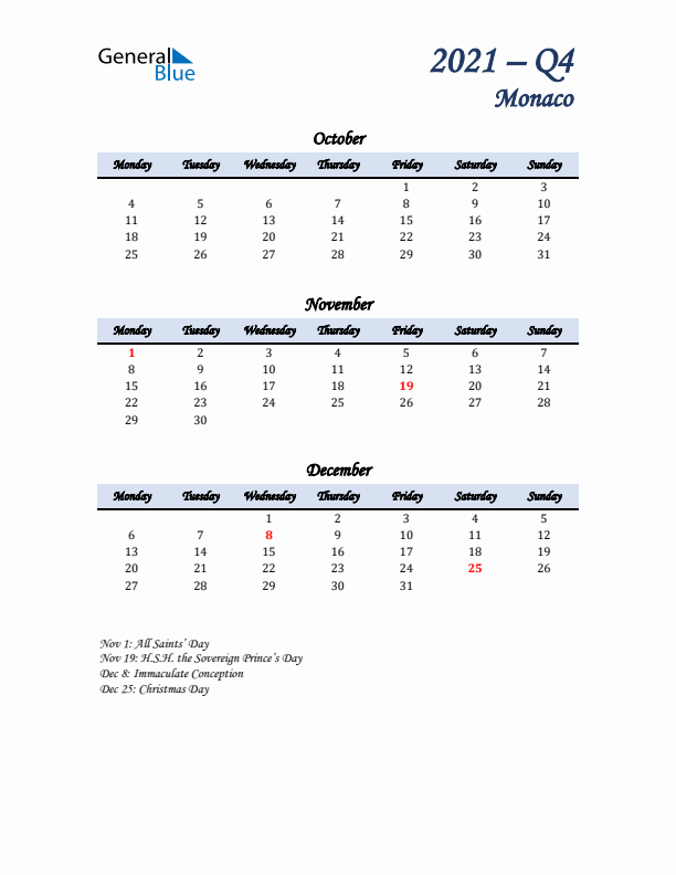 October, November, and December Calendar for Monaco with Monday Start