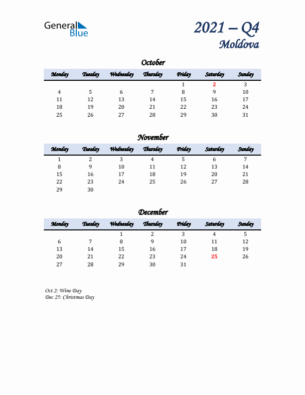 October, November, and December Calendar for Moldova with Monday Start