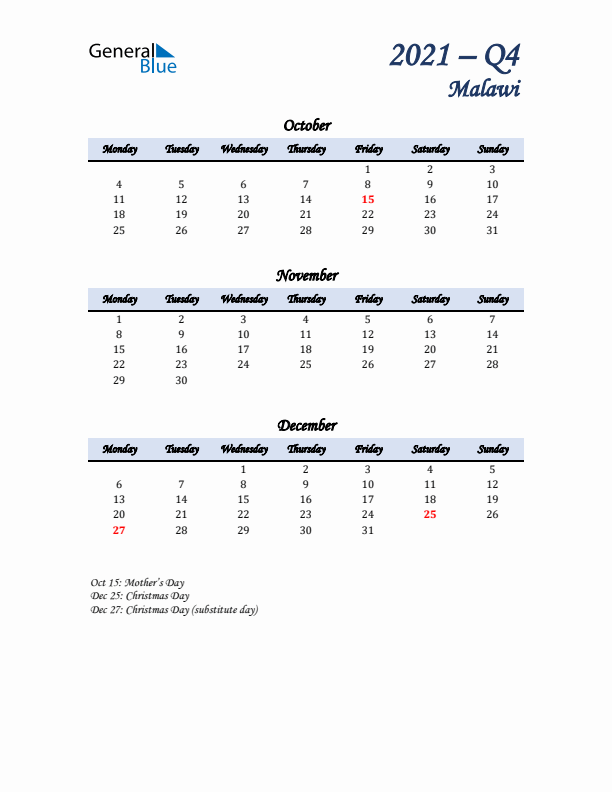 October, November, and December Calendar for Malawi with Monday Start