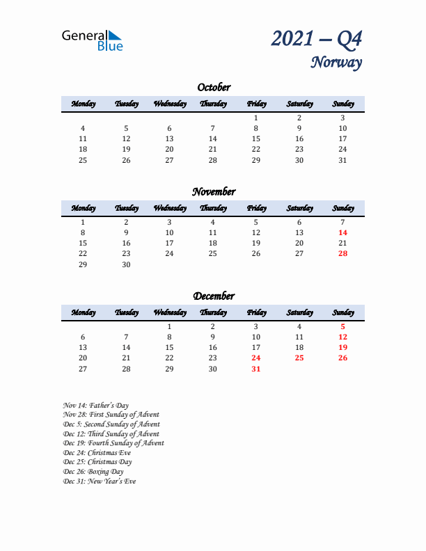 October, November, and December Calendar for Norway with Monday Start