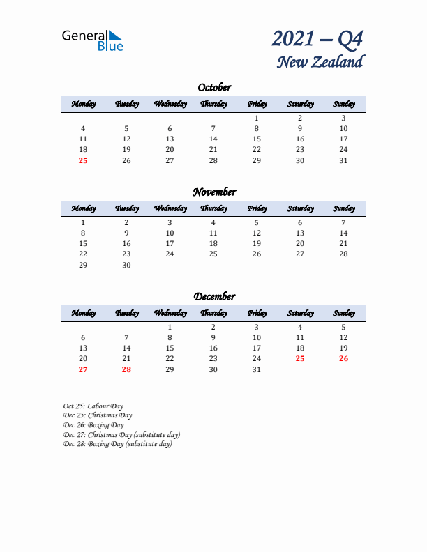 October, November, and December Calendar for New Zealand with Monday Start