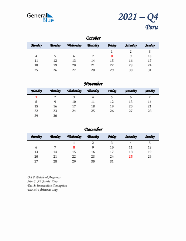 October, November, and December Calendar for Peru with Monday Start