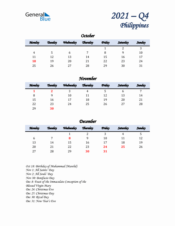 October, November, and December Calendar for Philippines with Monday Start