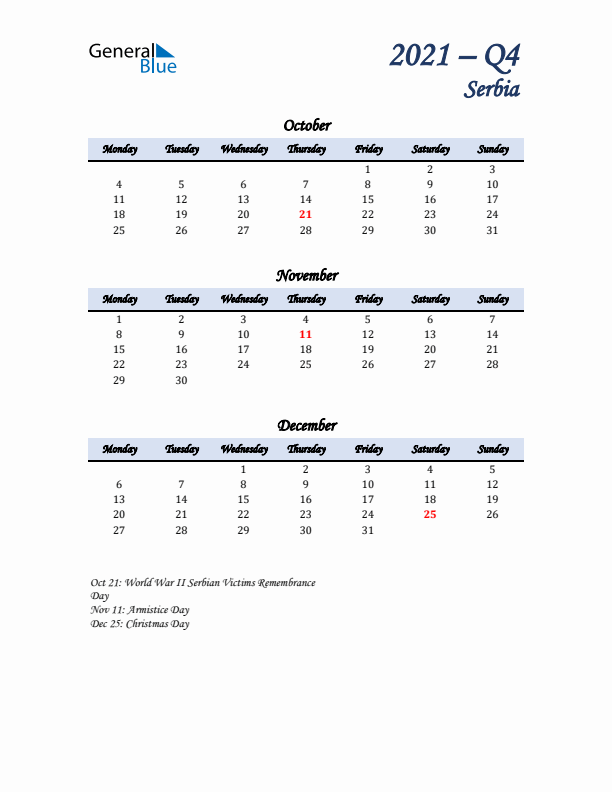 October, November, and December Calendar for Serbia with Monday Start