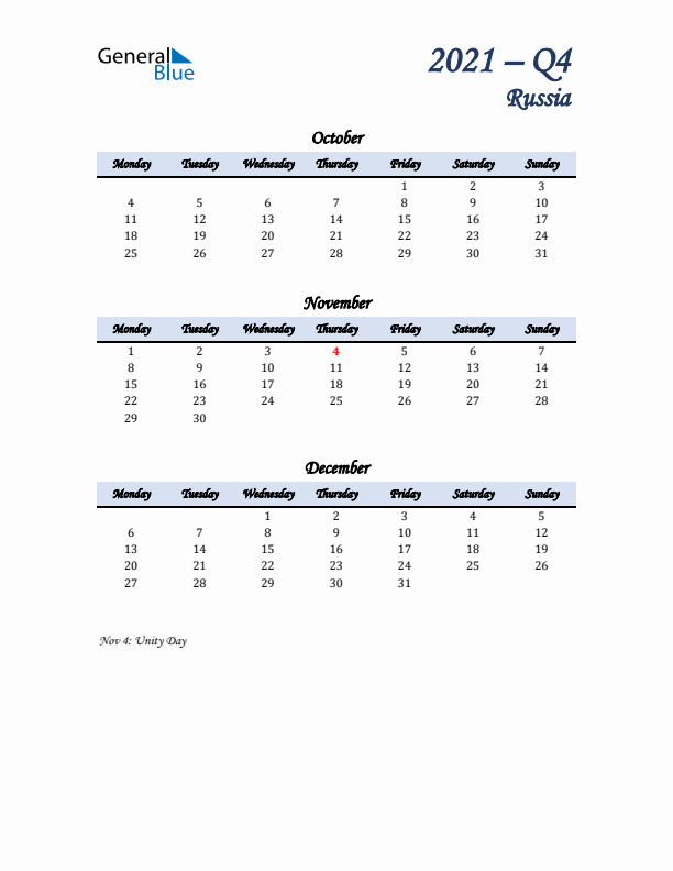 October, November, and December Calendar for Russia with Monday Start