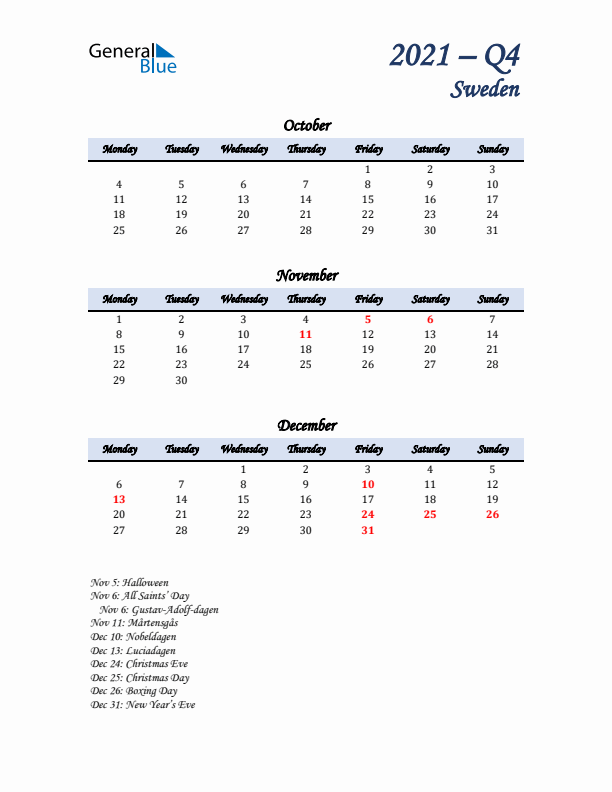 October, November, and December Calendar for Sweden with Monday Start