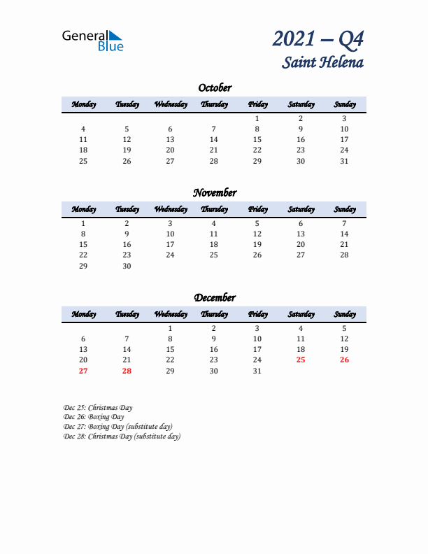 October, November, and December Calendar for Saint Helena with Monday Start