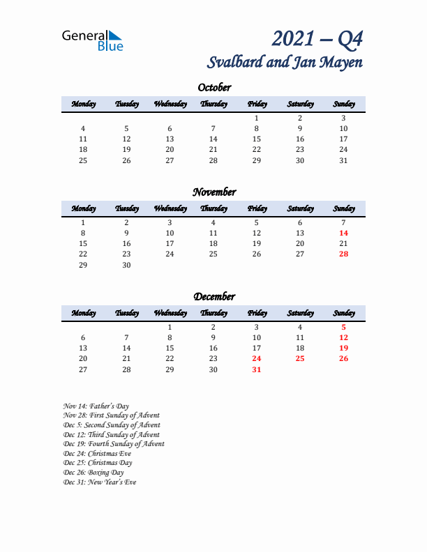 October, November, and December Calendar for Svalbard and Jan Mayen with Monday Start