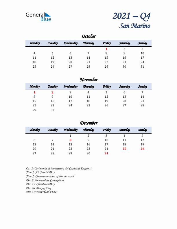 October, November, and December Calendar for San Marino with Monday Start