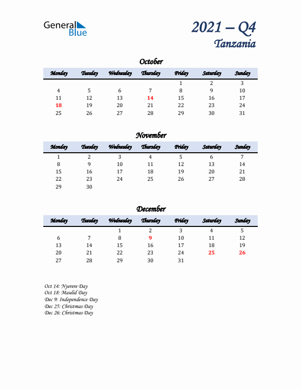 October, November, and December Calendar for Tanzania with Monday Start