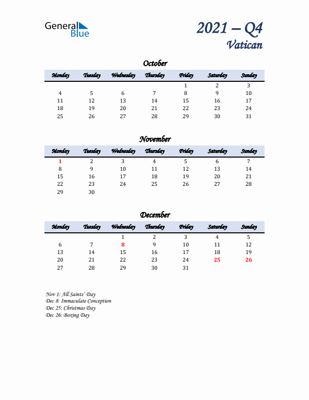 October, November, and December Calendar for Vatican with Monday Start